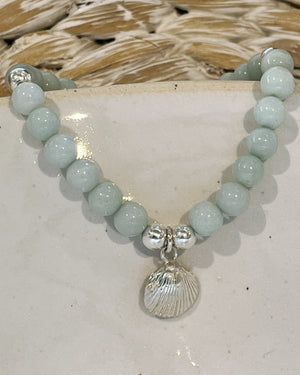 Chunky beaded shell bracelet aqua blue.